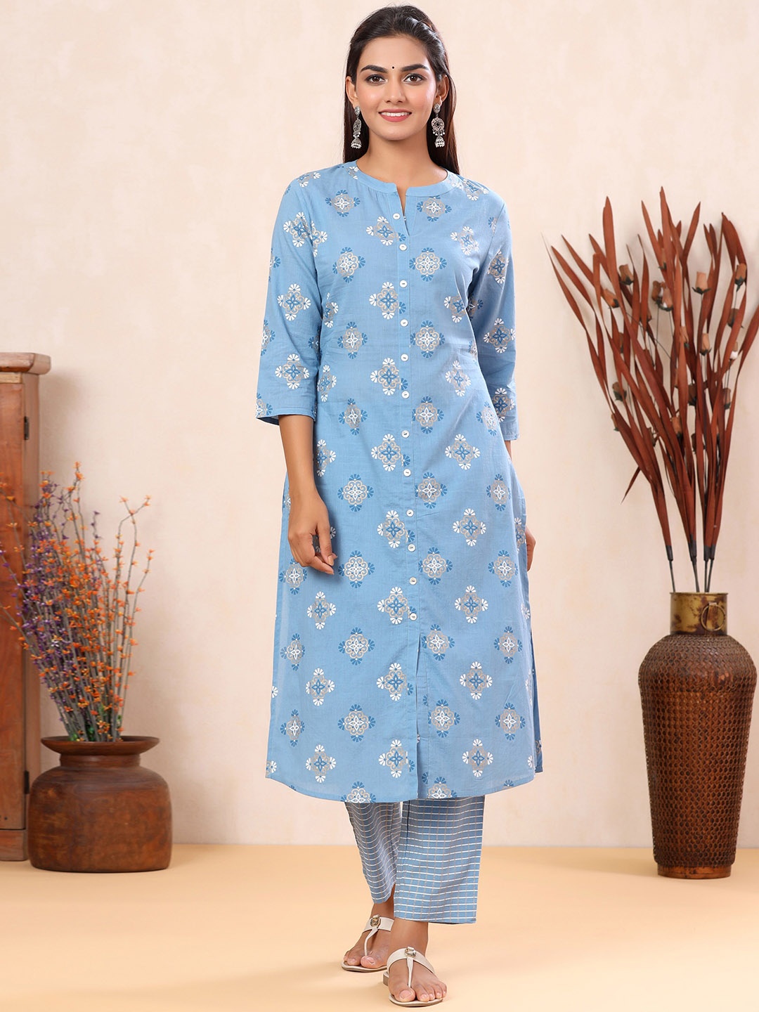 

mirari Printed Pure Cotton Kurta with Palazzos, Turquoise blue