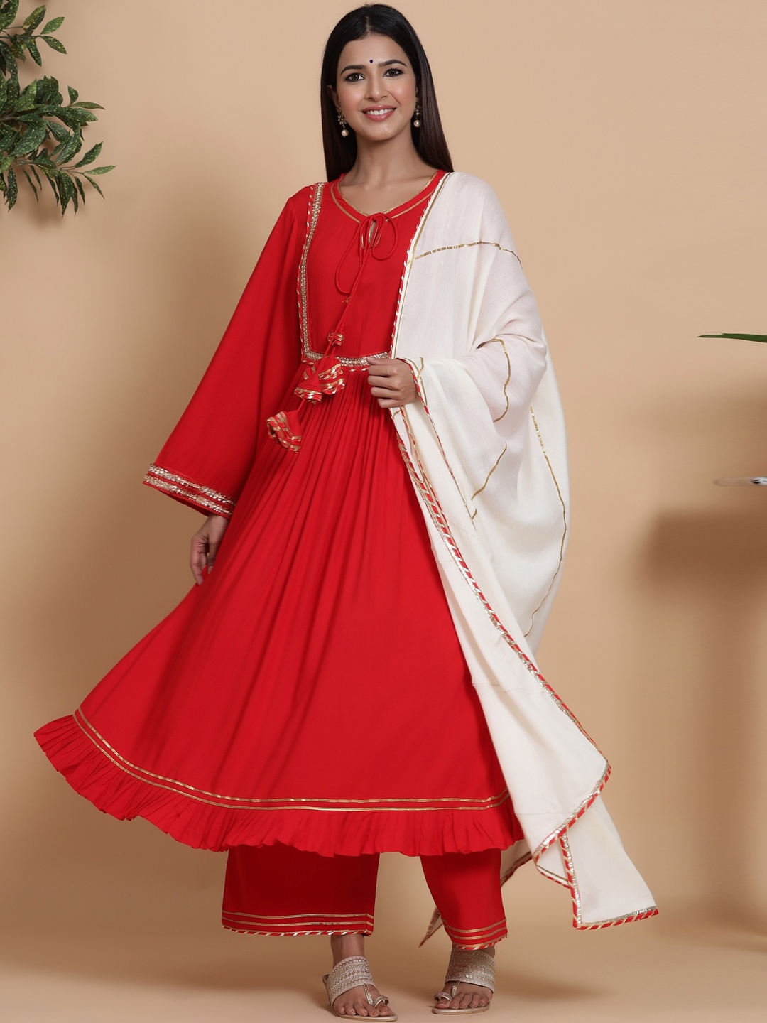 

mirari Women A-Line Flared Kurta with Palazzos & Dupatta, Red