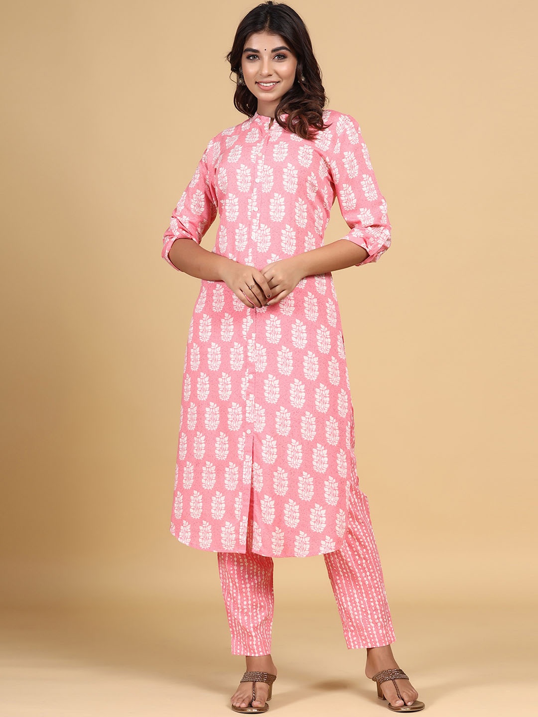 

mirari Women Ethnic Motifs Printed Pure Cotton Kurta with Trousers, Pink