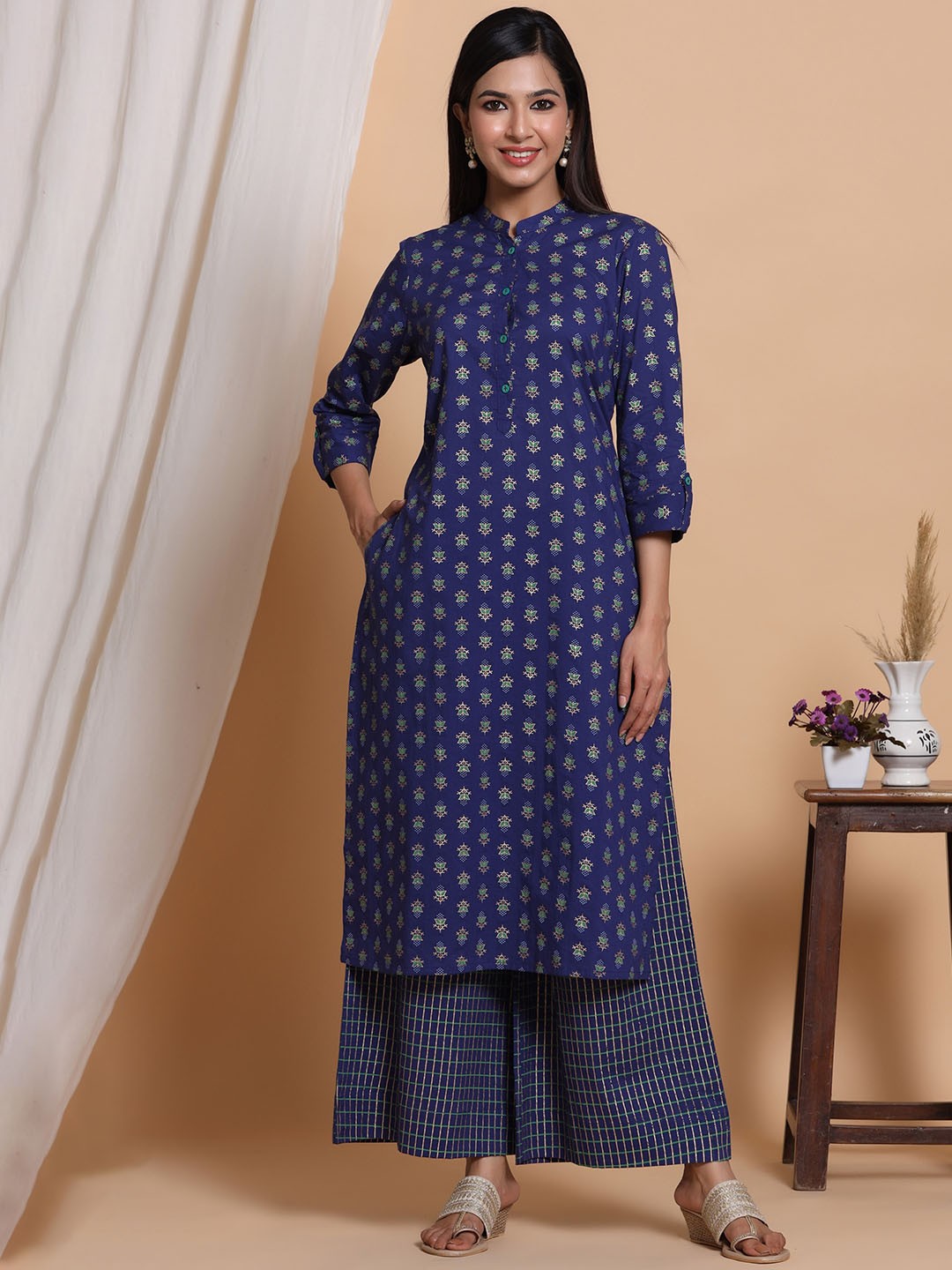 

mirari Women Ethnic Motifs Printed Pure Cotton Kurta With Palazzos, Blue