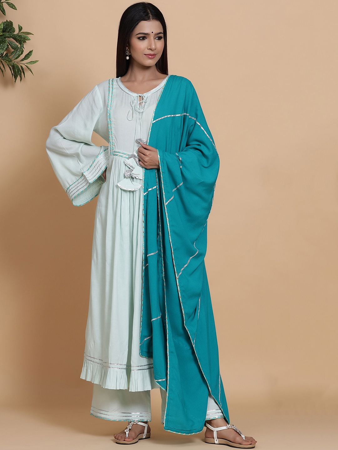 

mirari Women Tie-Up Neck Gotta Patti Kurta With Palazzos & Dupatta, Blue