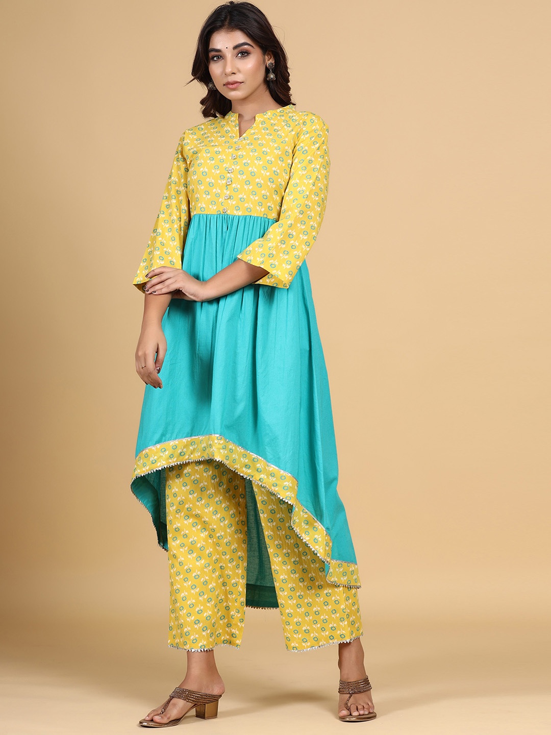 

mirari Women Floral Printed Pure Cotton High-Low A-Line Kurta with Trousers, Yellow