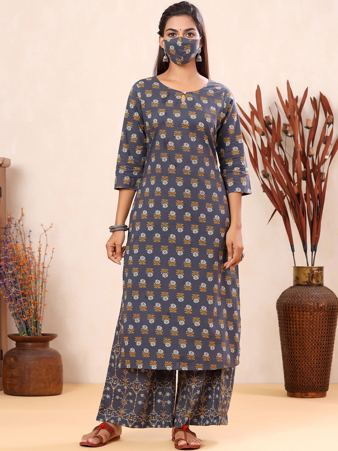 

mirari Women Floral Printed Pure Cotton Kurta with Palazzos, Grey