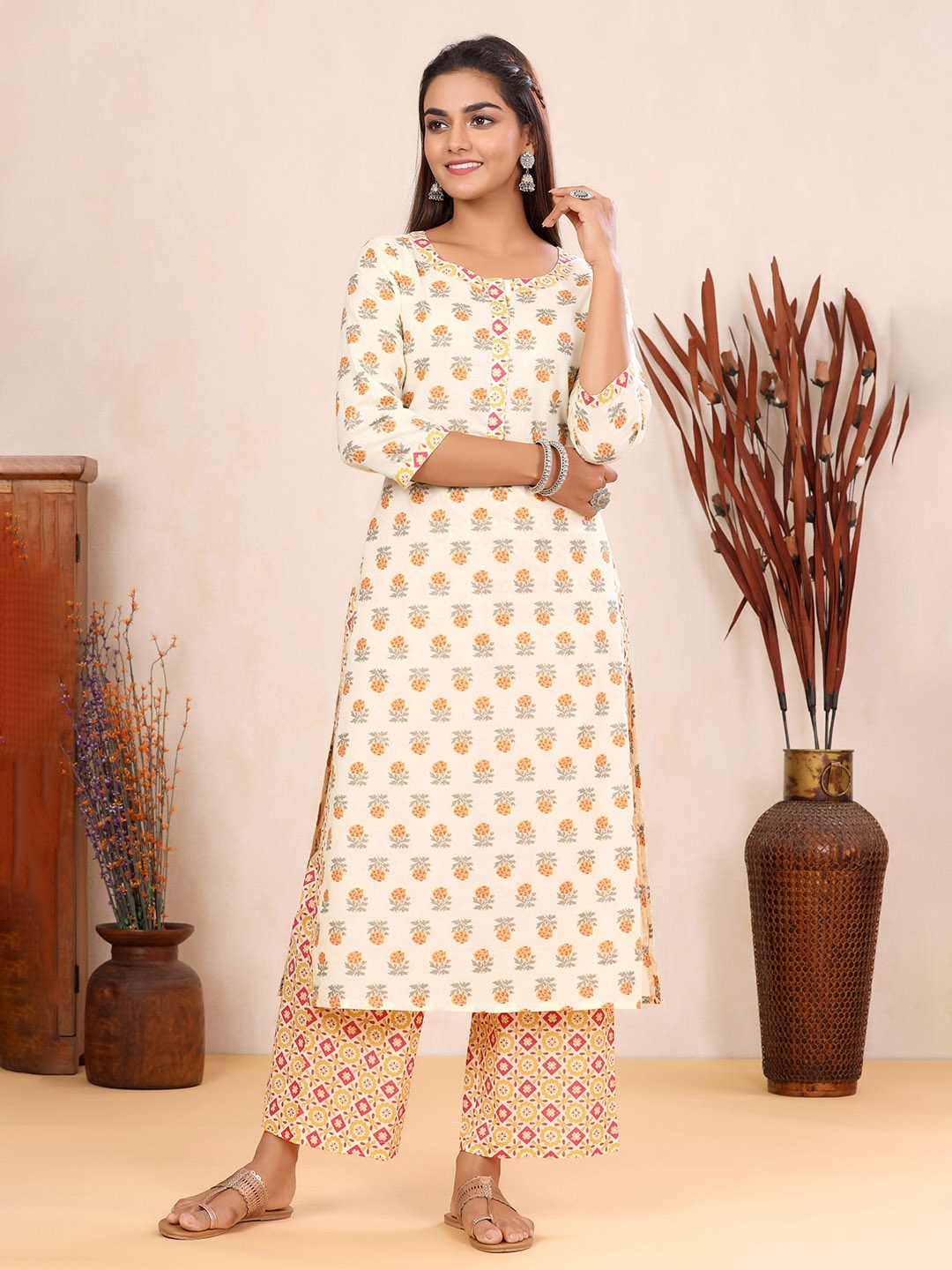 

mirari Floral Printed Pure Cotton Kurta with Palazzos Set, Beige