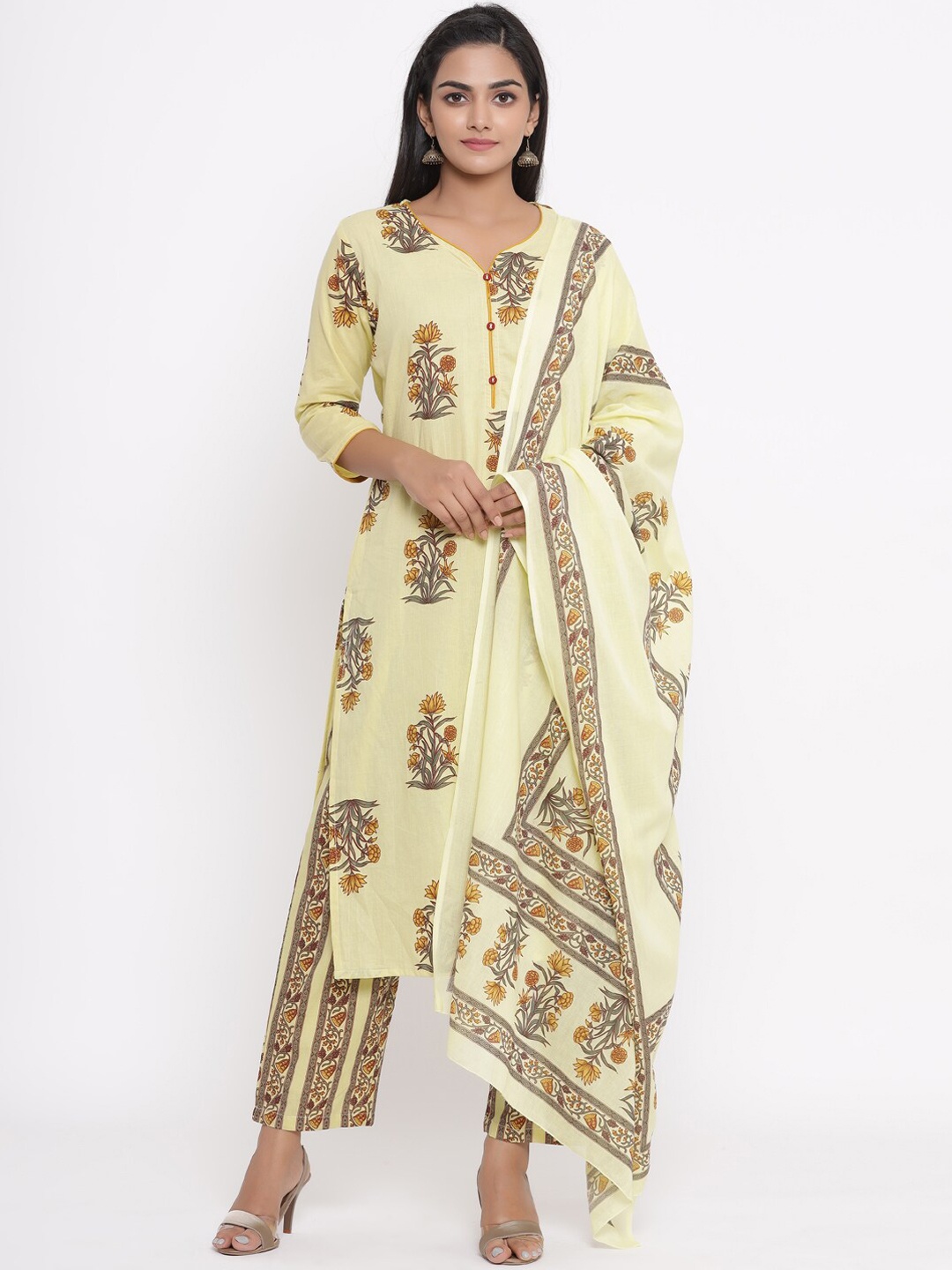 

mirari Women Floral Printed Pure Cotton Kurta with Trousers & Dupatta, Cream