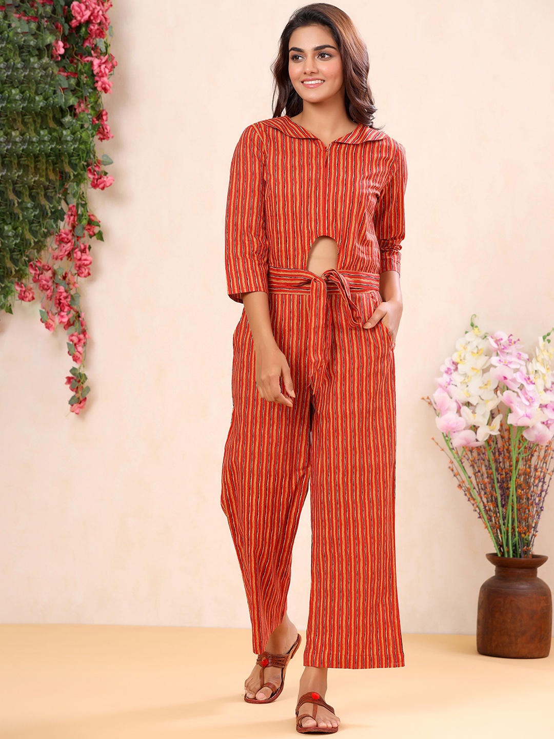 

mirari Women Striped Pure Cotton Top with Palazzos, Orange