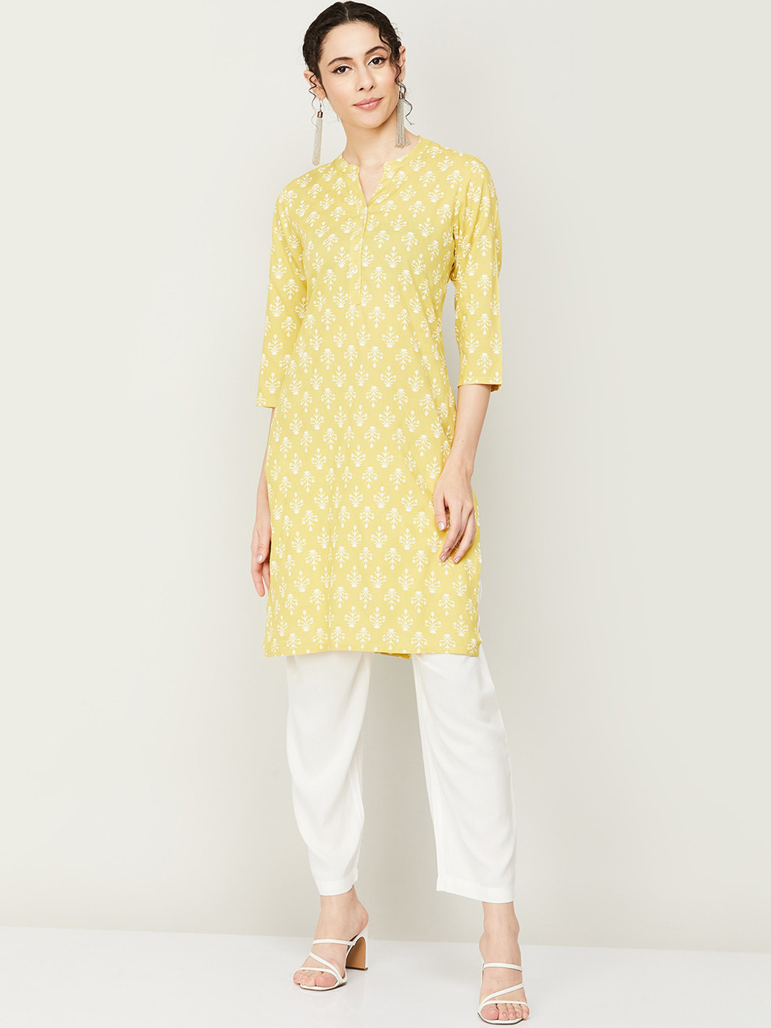 

Melange by Lifestyle Women Floral Printed Band Collar Straight Kurta, Mustard