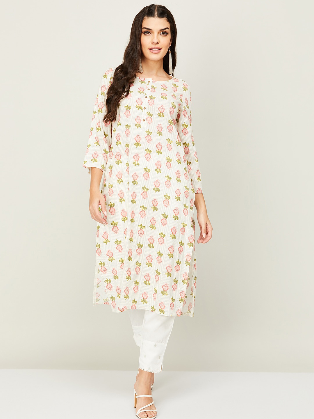 

Melange by Lifestyle Women Floral Printed Round Neck Kurta, Cream