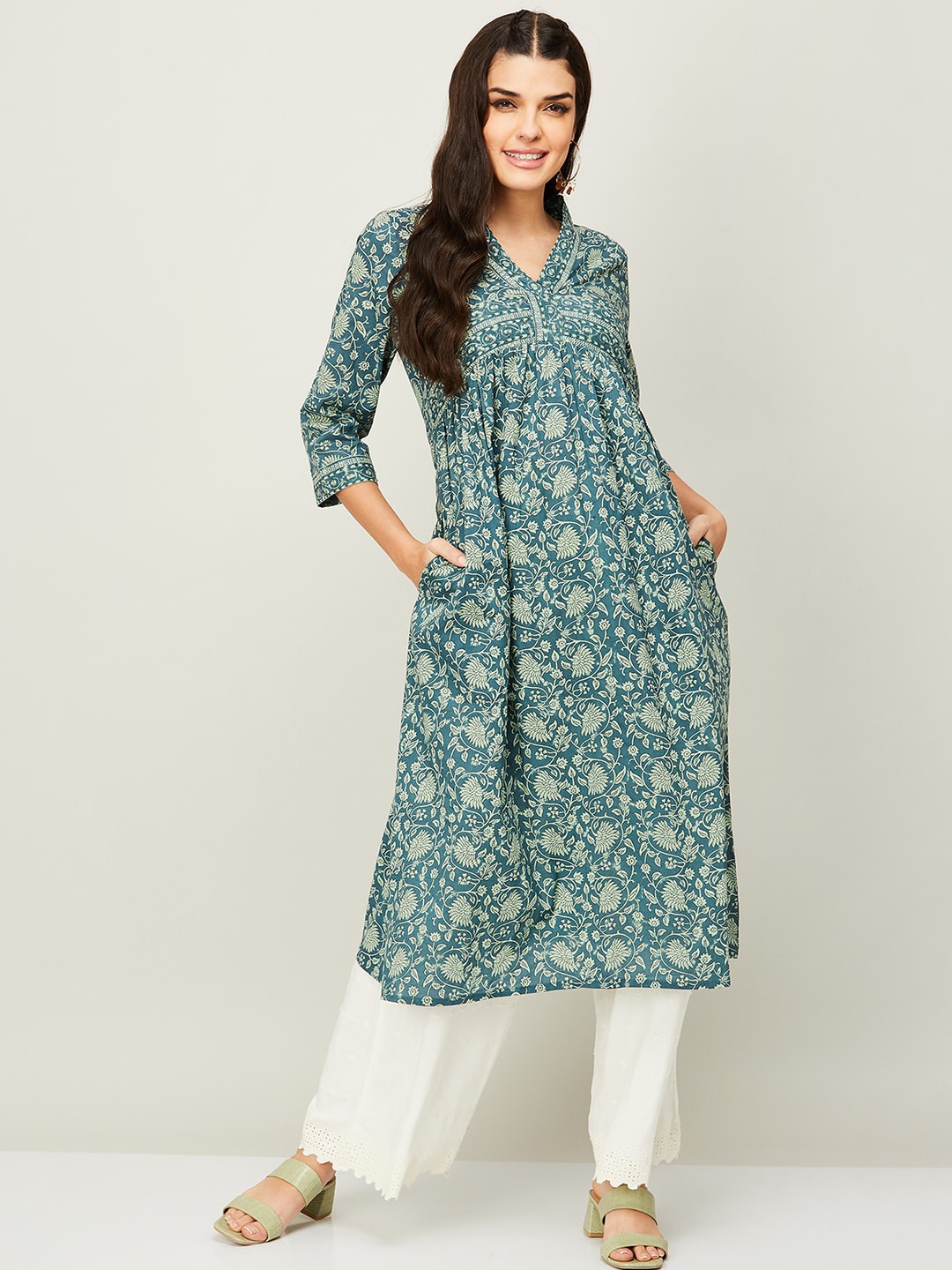 

Melange by Lifestyle Women Floral Printed Anarkali Cotton Kurta, Blue