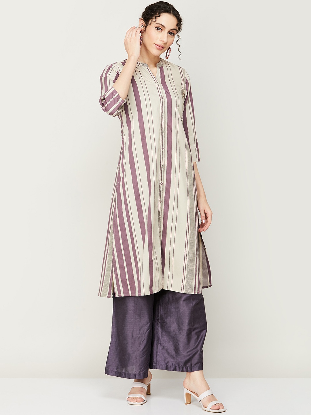 

Melange by Lifestyle Women Striped Cotton Kurta, Purple