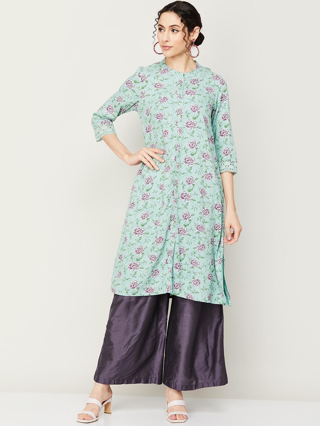 

Melange by Lifestyle Women Floral Printed Band Collar Kurta, Blue