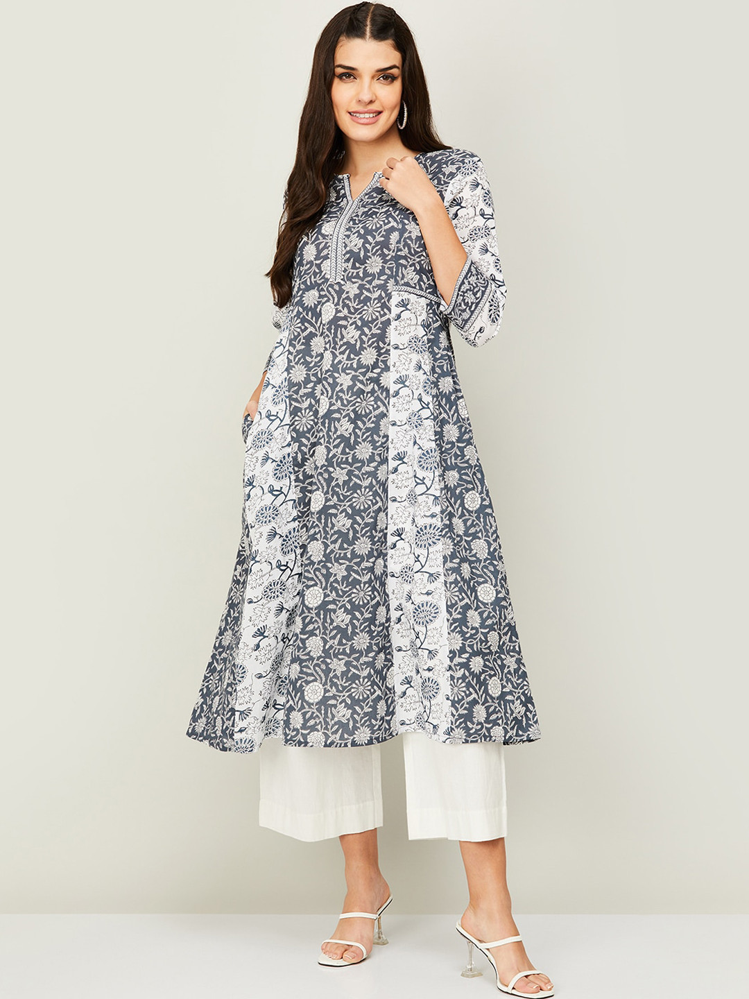 

Melange by Lifestyle Floral Printed Gotta Patti Cotton Kurta, Grey