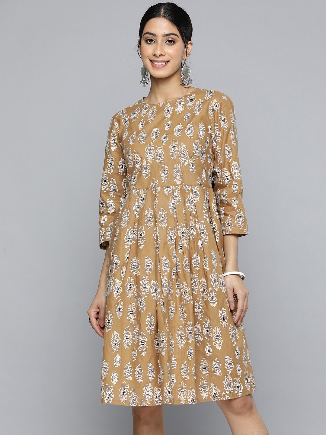 

HERE&NOW Pure Cotton Floral Print Fit & Flare Dress, Beige