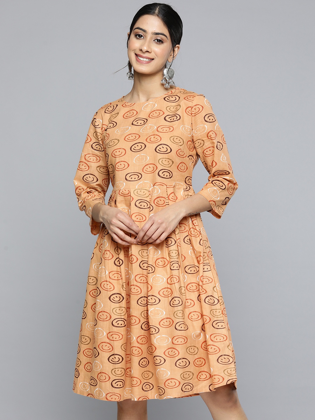 

HERE&NOW Pure Cotton Conversational Print Fit & Flare Ethnic Dress, Rust