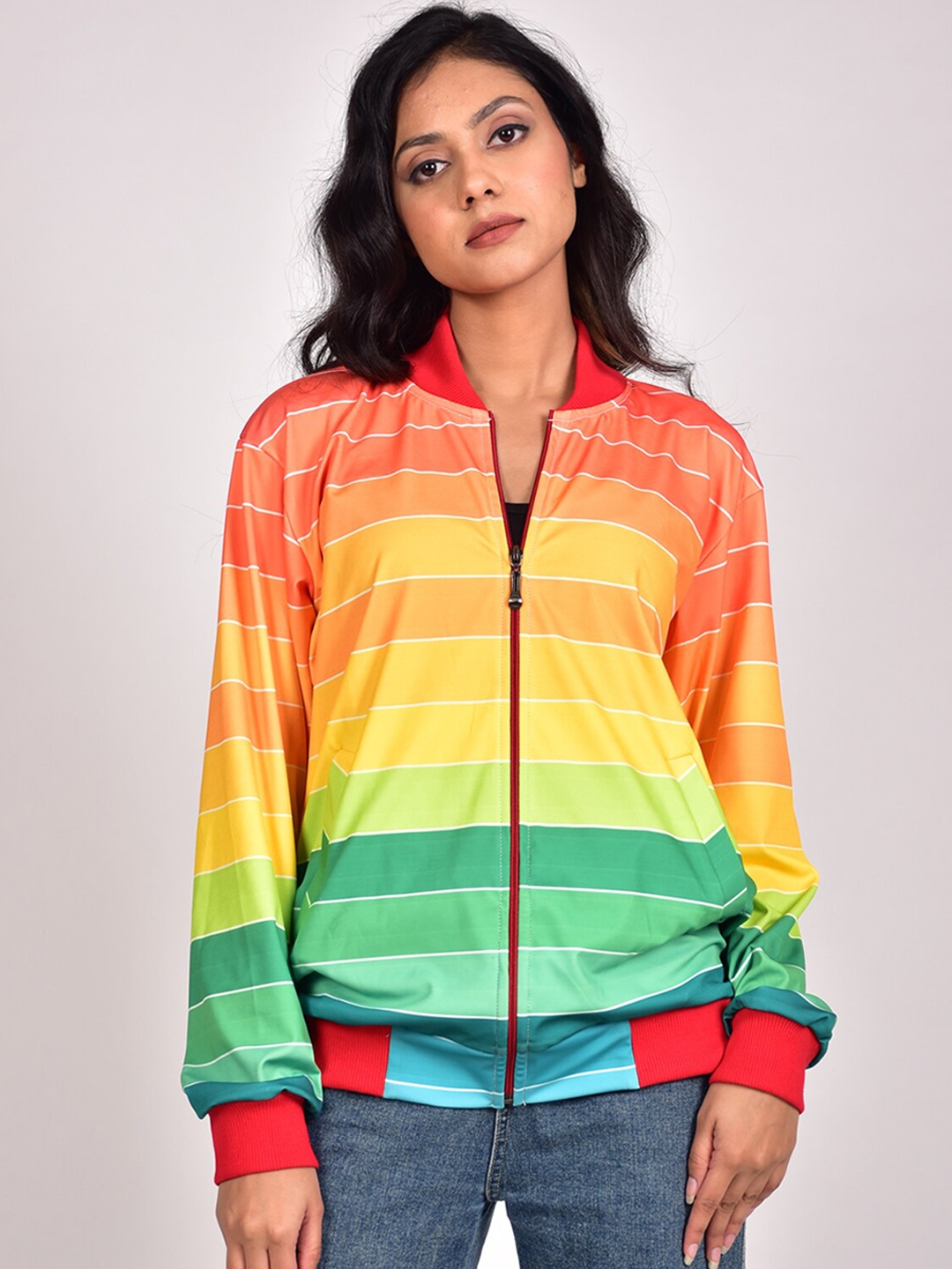 

Rajoria Instyle Women Yellow Striped Lightweight Bomber Jacket, Orange