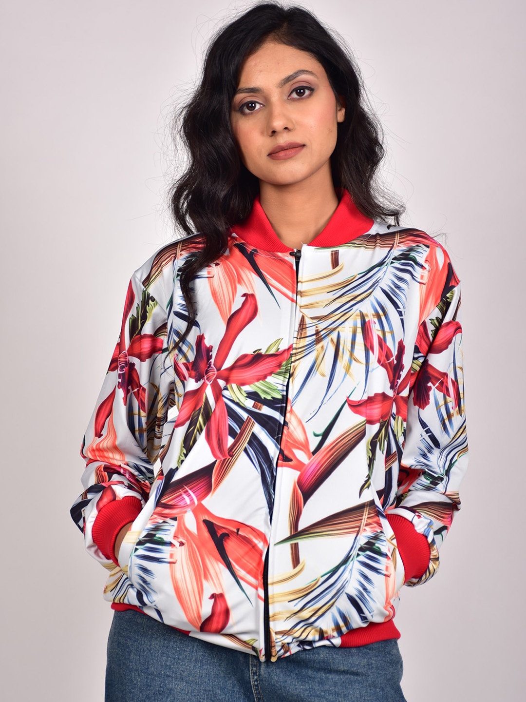 

Rajoria Instyle Women Floral Lightweight Bomber Jacket, White