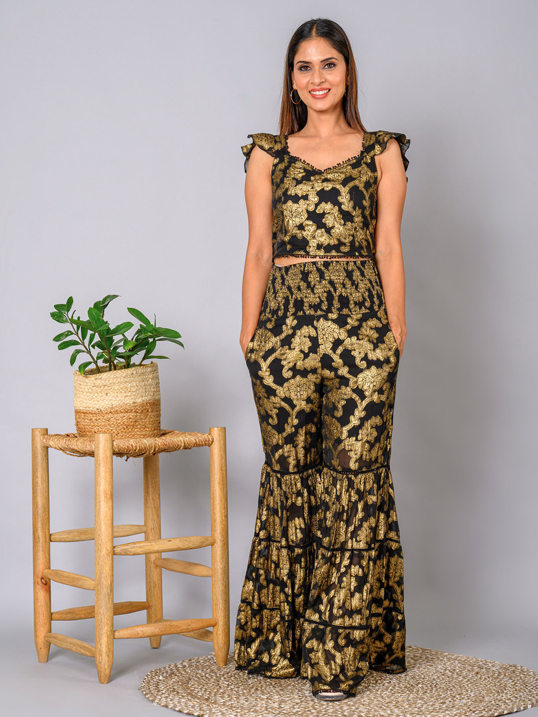 

WESTIFIED Women Georgette Floral Printed Flared Woven Palazzos, Black