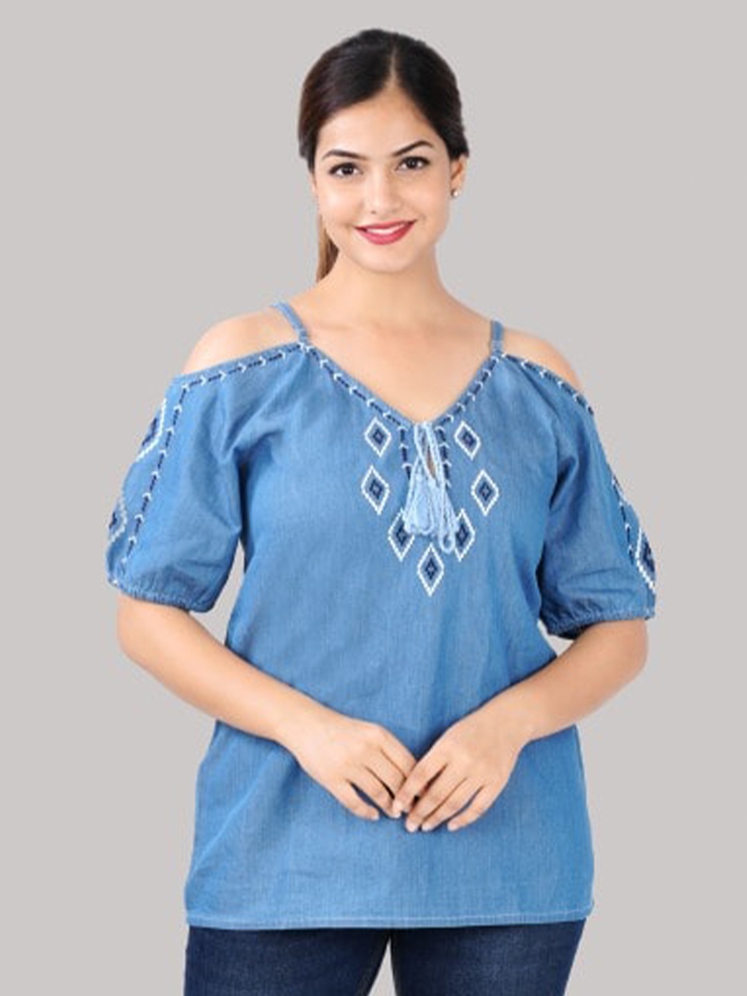

SUMAVI-FASHION Denim Bardot Top, Blue