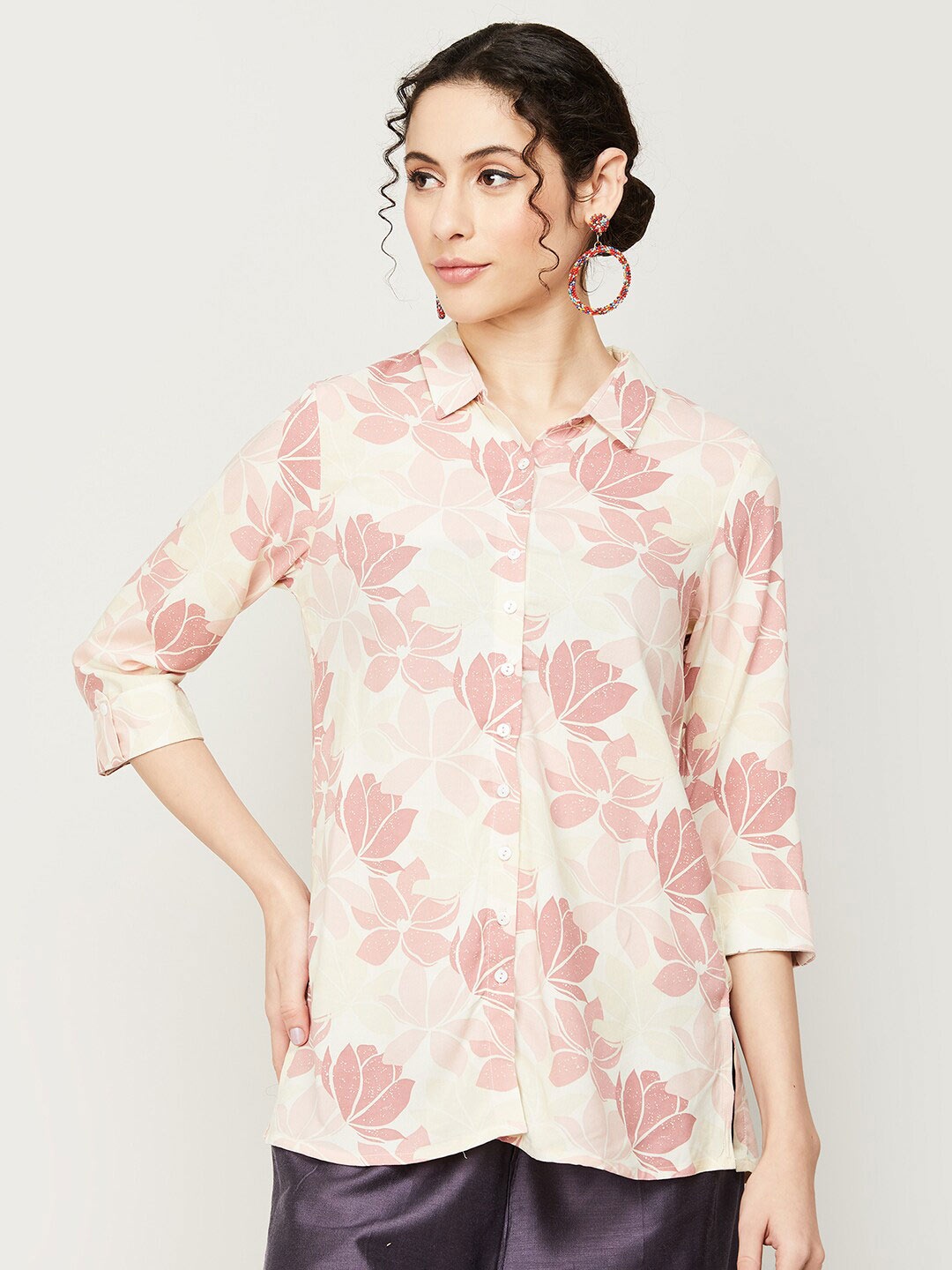 

Melange by Lifestyle Floral Printed Shirt Collar Top, Pink