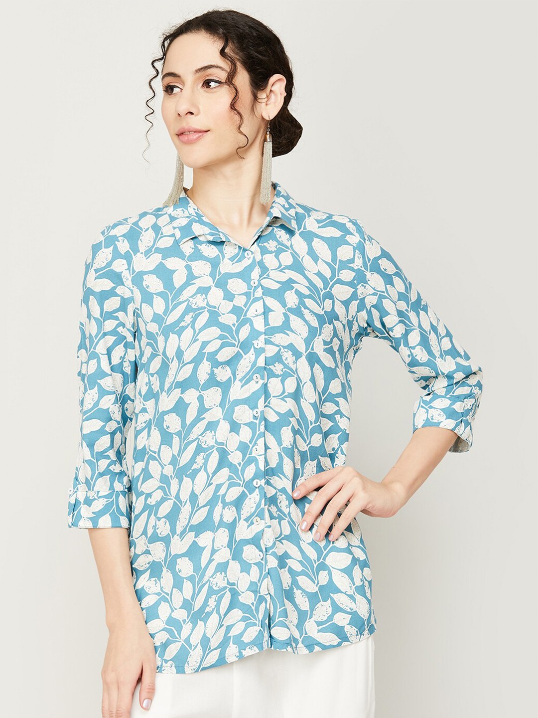 

Melange by Lifestyle Ethnic Motifs Printed Shirt Style Top, Turquoise blue