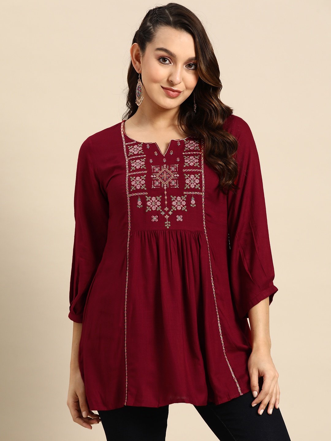 

Sangria Floral Embroidered Longline Top, Maroon