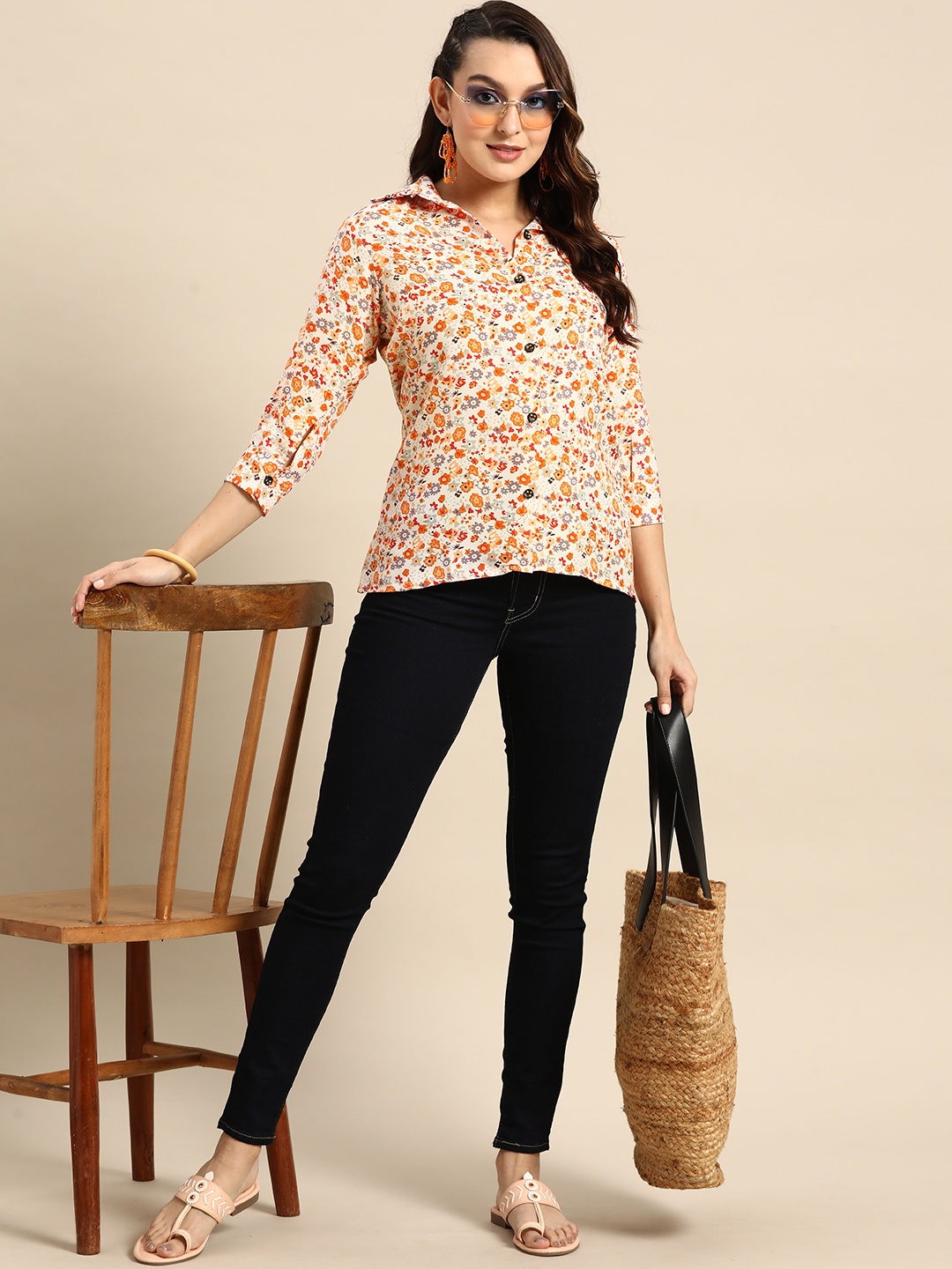 

Sangria Floral Print Shirt Style Top, Orange