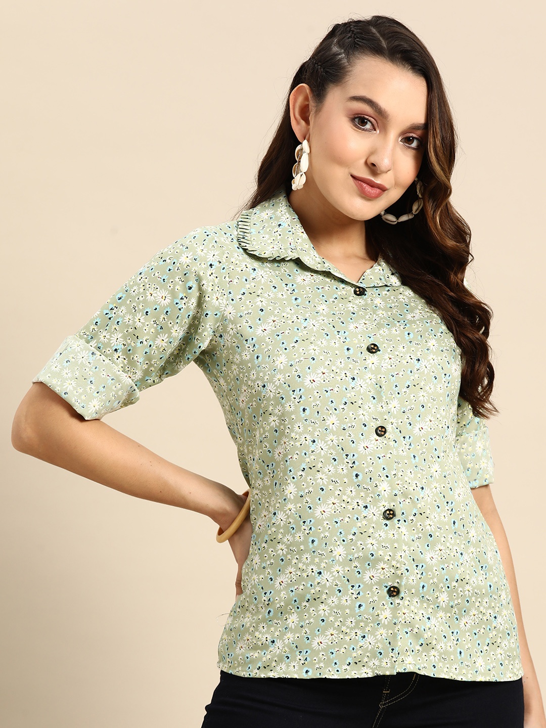Sangria Floral Print Shirt Style Top, Green