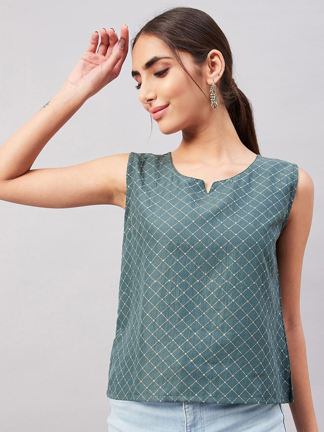 

InWeave Geometric Print Notched Neck Top, Green