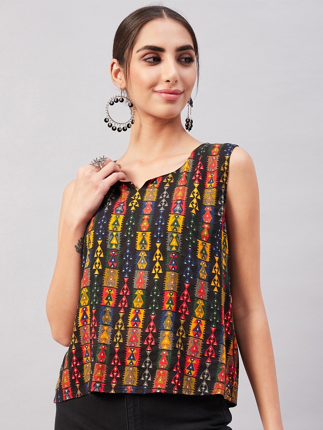 

InWeave Tribal Print Notched Neck Top, Black