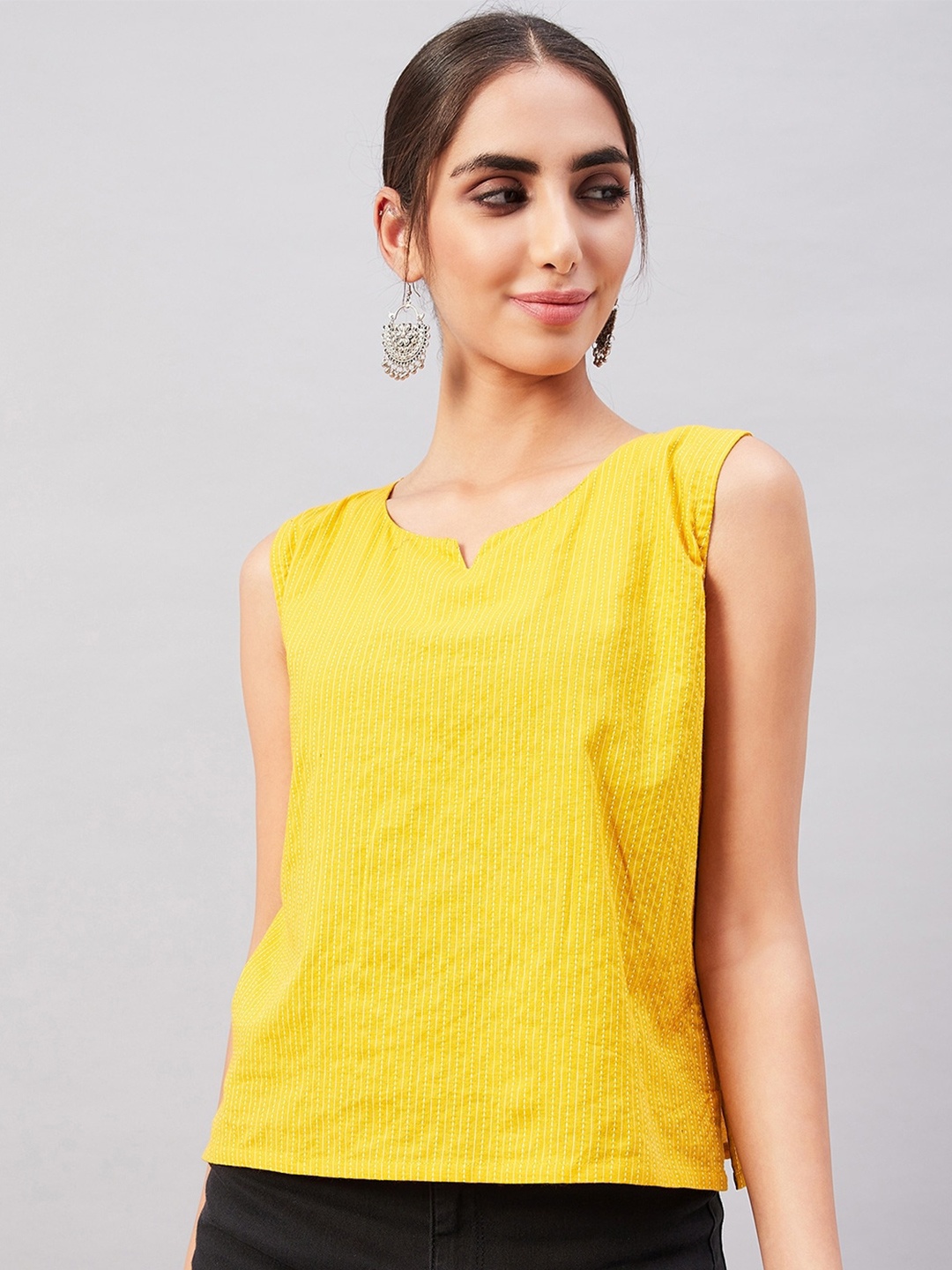 

InWeave Mustard Regular Striped Embroidered Cotton Top