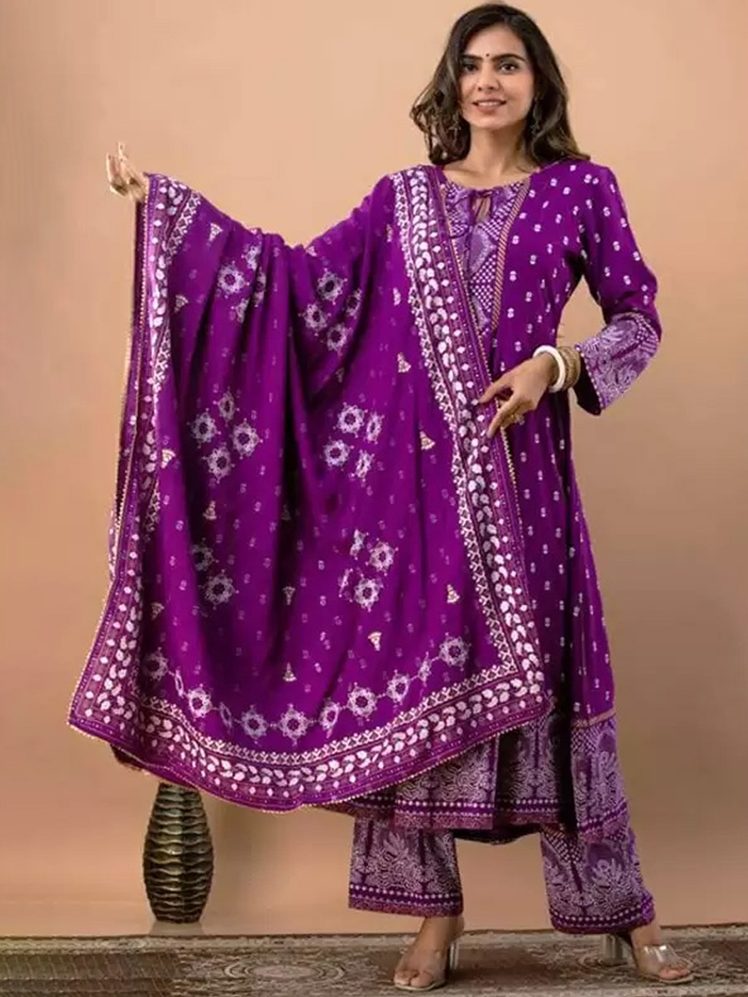 

misbis Ethnic Motifs Printed Tie-Up Neck A-Line Kurta with Palazzos & With Dupatta, Purple