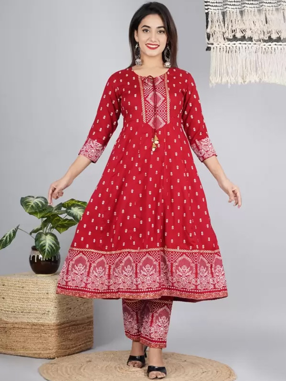 

misbis Ethnic Motifs Printed Kurta with Palazzos & Dupatta, Maroon