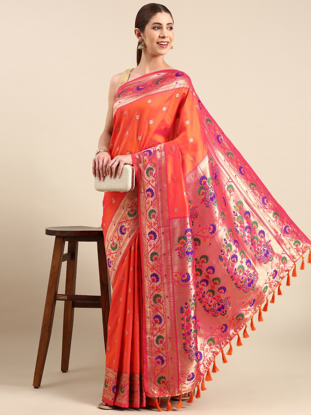 

VASTRANAND Woven Design Zari Art Silk Paithani Saree, Orange