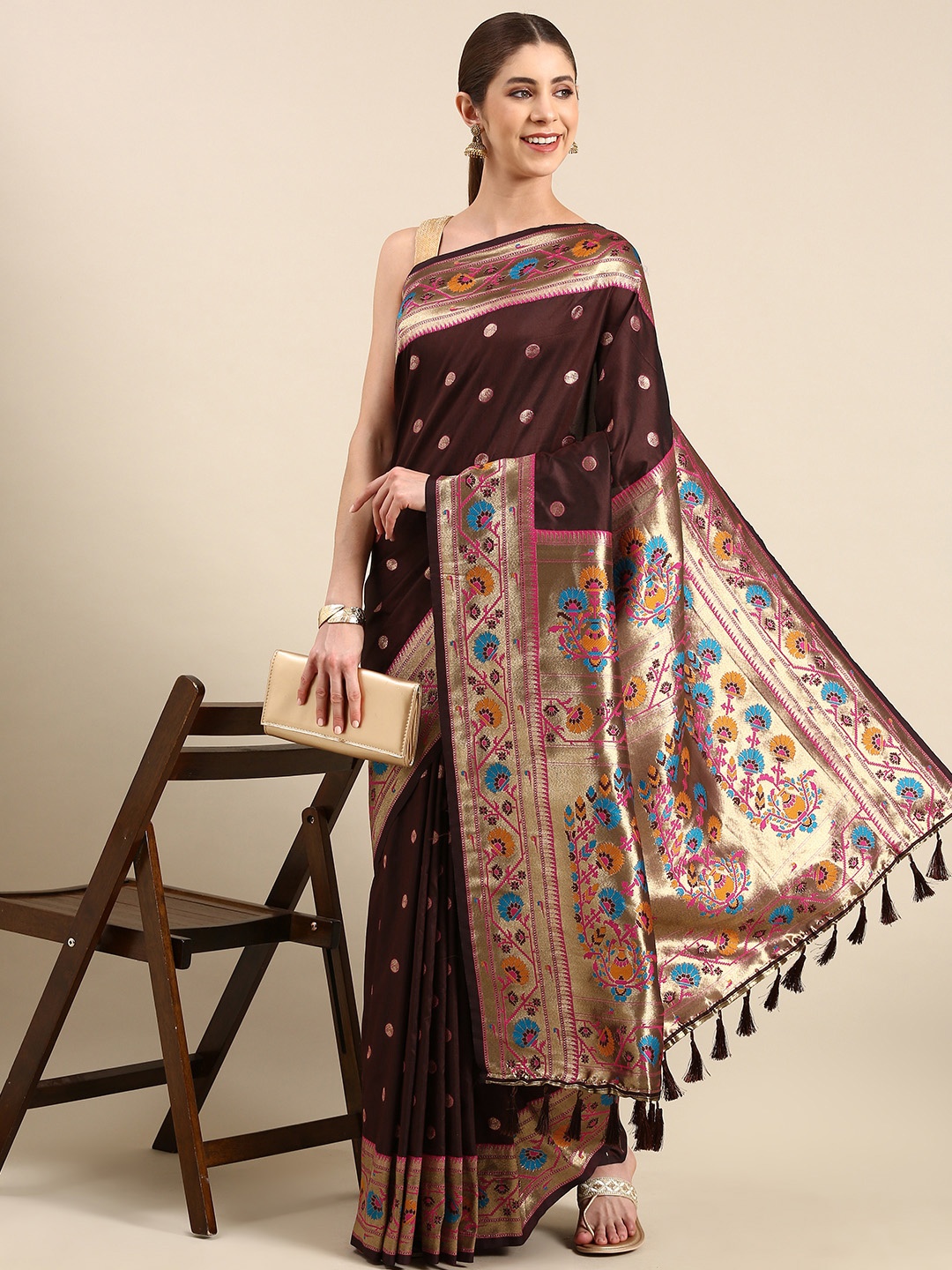 

VASTRANAND Woven Design Zari Art Silk Paithani Saree, Brown