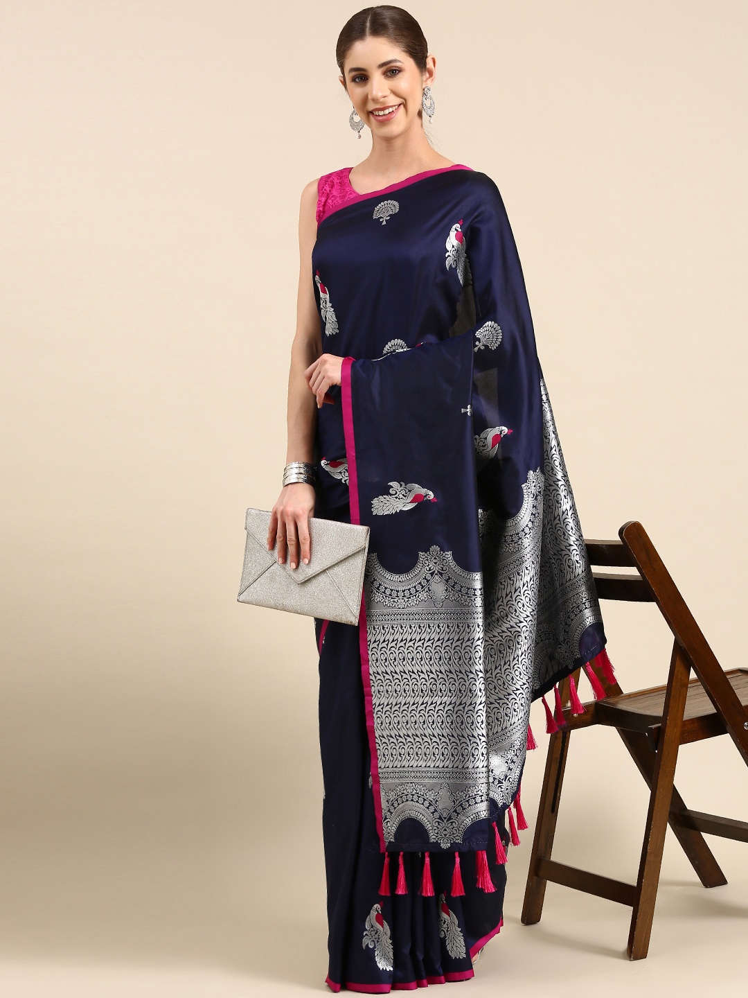 

VASTRANAND Woven Design Ethnic Motifs Zari Silk Blend Banarasi Saree, Navy blue