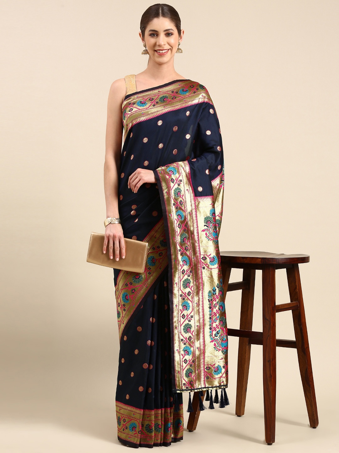 

VASTRANAND Woven Design Zari Art Silk Paithani Saree, Navy blue
