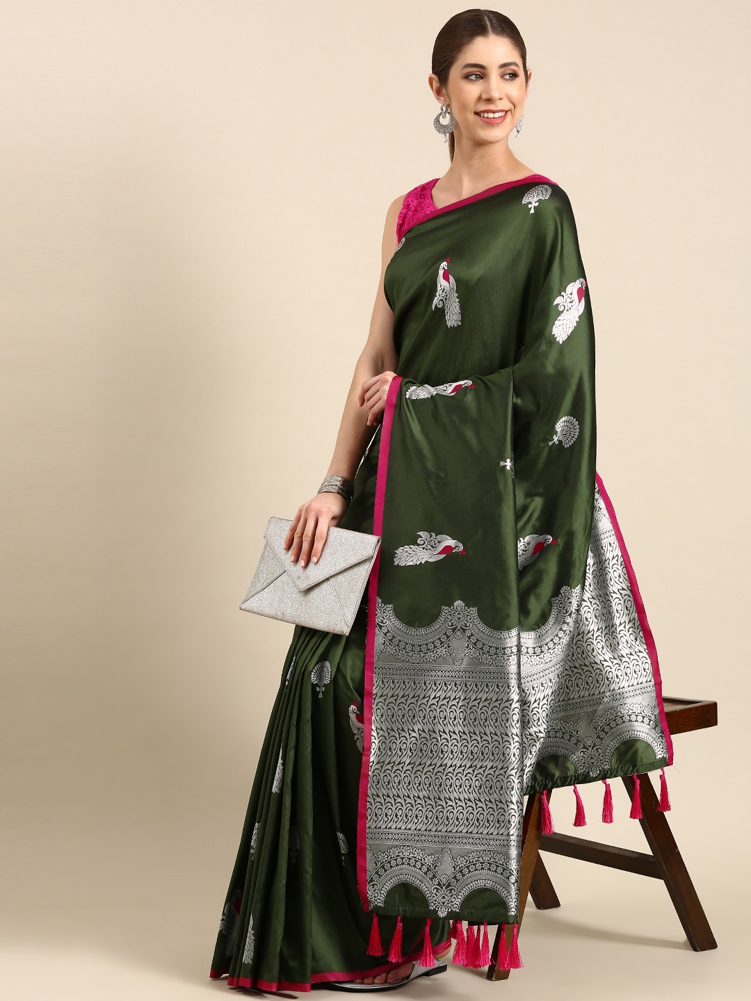 

VASTRANAND Woven Design Ethnic Motifs Zari Silk Blend Banarasi Saree, Green