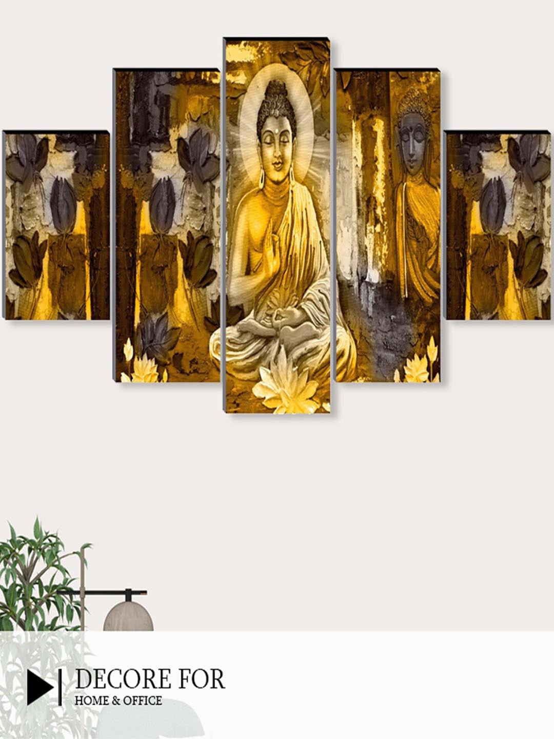 

SAF 5 Pcs Yellow Buddha UV Textured Religious Theme Painting Wall Art