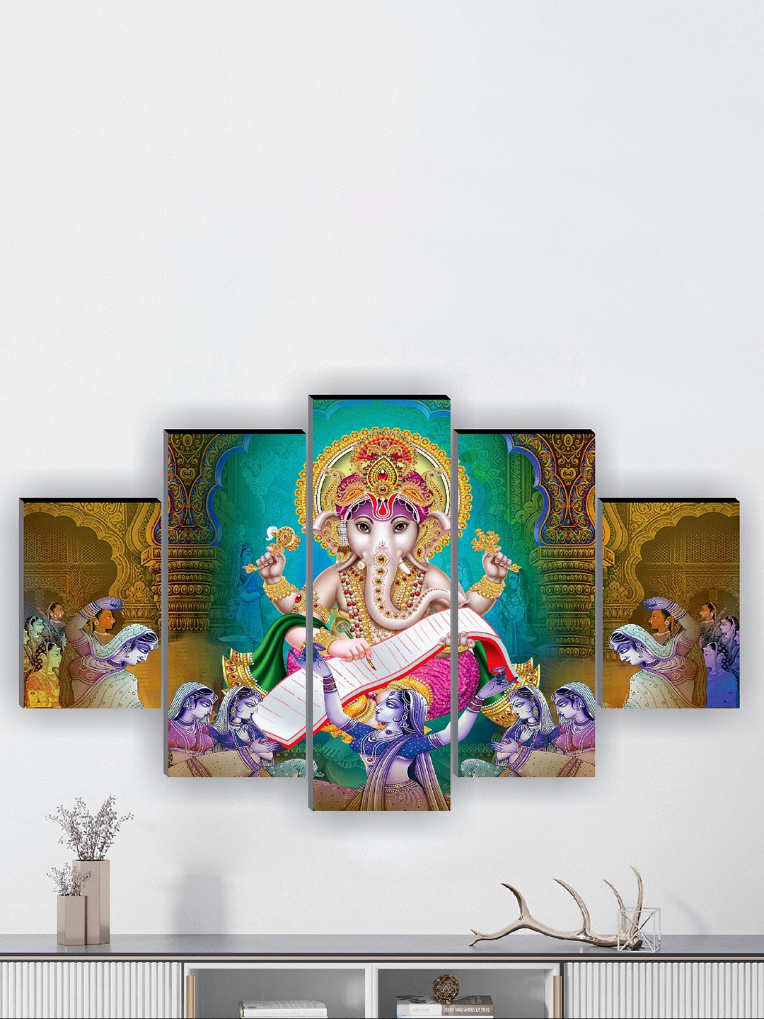 

SAF 5 Pcs Blue & Green Ganesha UV Textured Religious Theme Painting Wall Art
