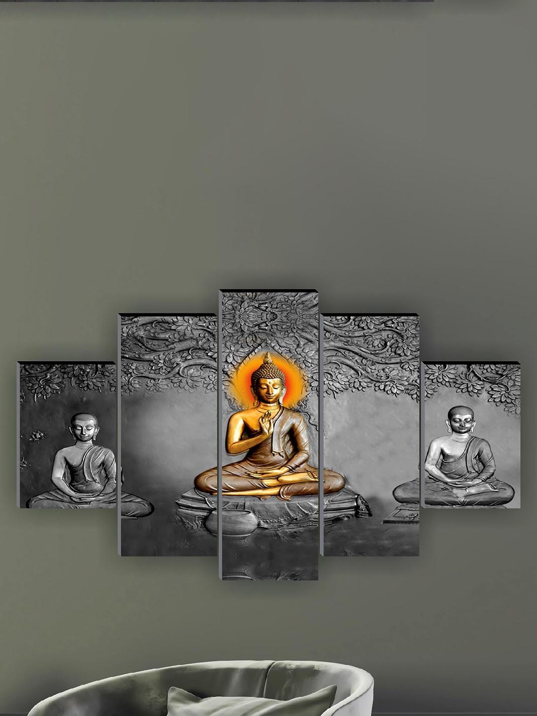 

SAF 5 Pcs Grey Buddha UV Textured Religious Theme Painting Wall Art