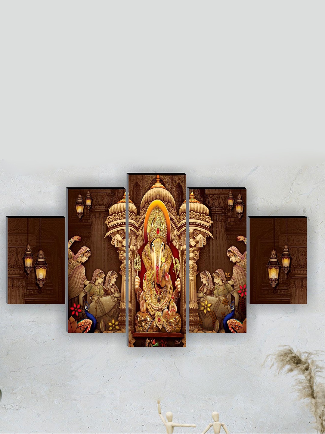 

SAF 5 Pcs Brown Ganesha UV Textured Religious Theme Painting Wall Art