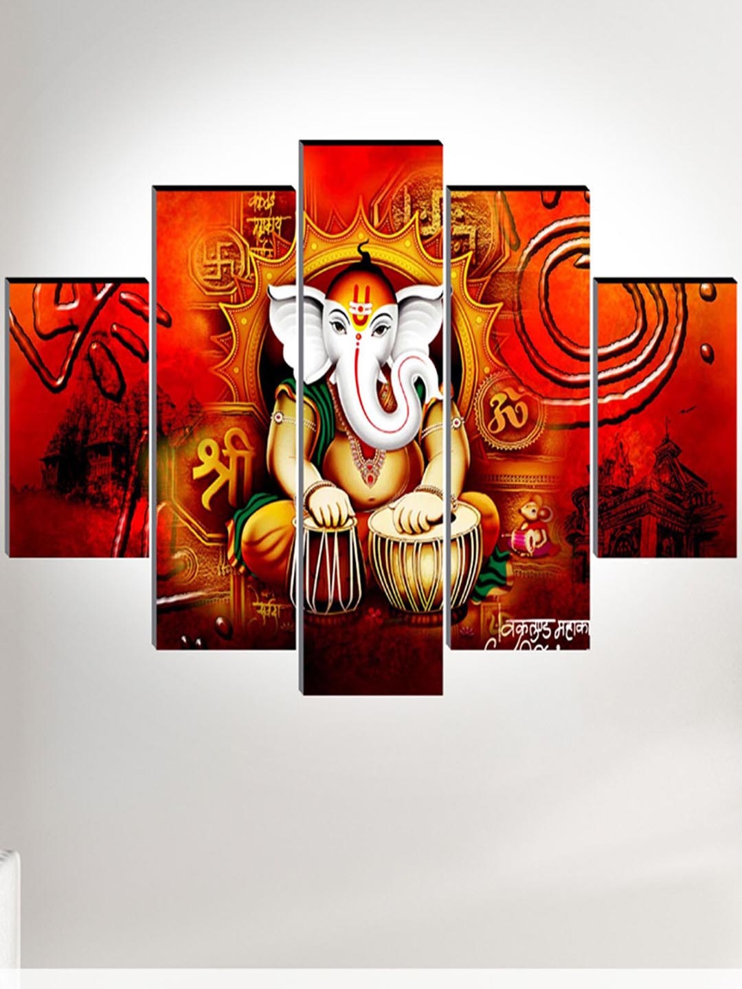 

SAF 5 Pcs Red Ganesha UV Textured Religious Theme Painting Wall Art