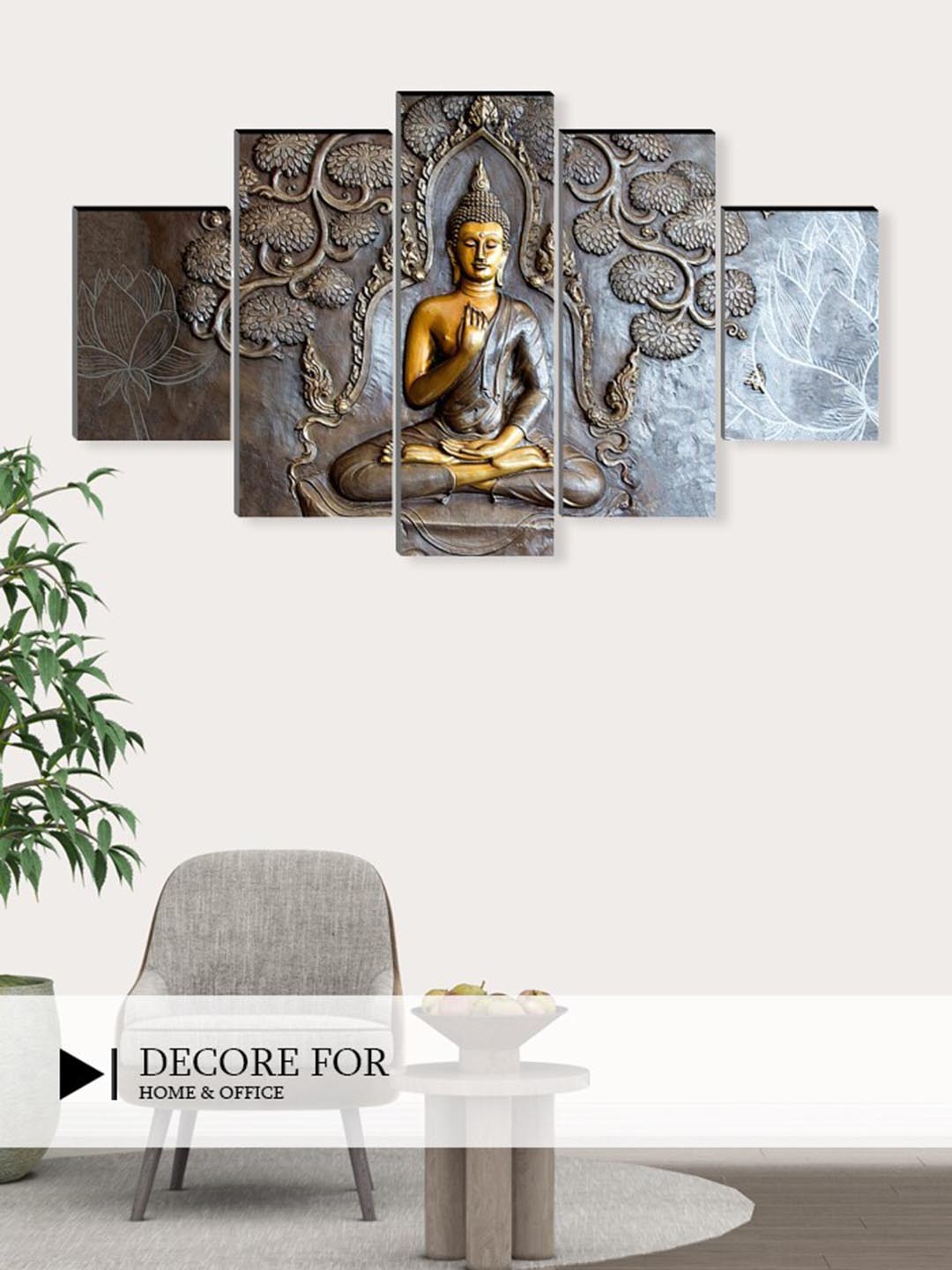 

SAF 5 Pcs Grey Buddha UV Textured Religious Theme Painting Wall Art