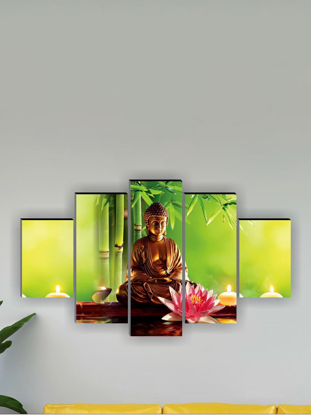 

SAF 5 Pcs Green Buddha UV Textured Religious Theme Painting Wall Art