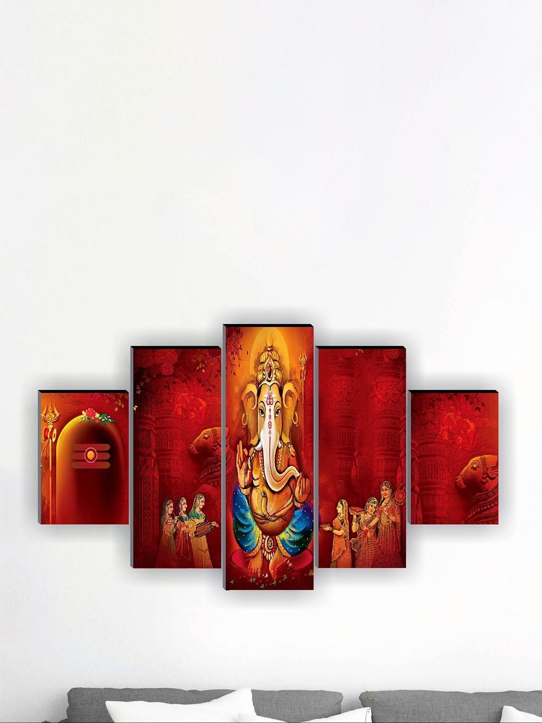 

SAF 5 Pcs Red Ganesha UV Textured Religious Theme Painting Wall Art