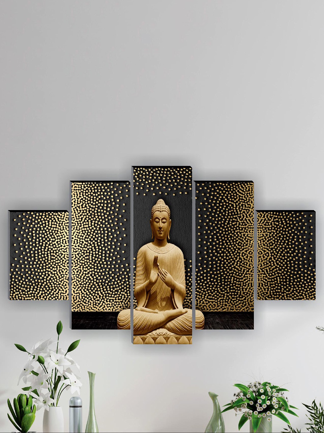 

SAF 5 Pcs Gold-Coloured Buddha UV Textured Religious Theme Painting Wall Art