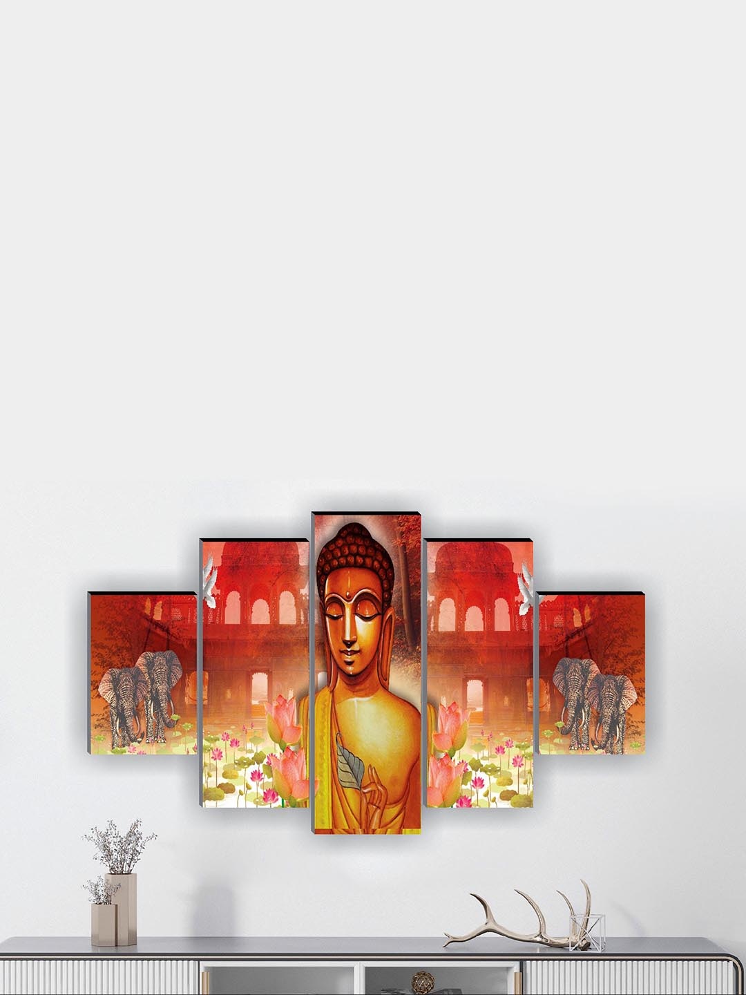 

SAF 5 Pcs Red & Yellow Buddha UV Textured Religious Theme Painting Wall Art