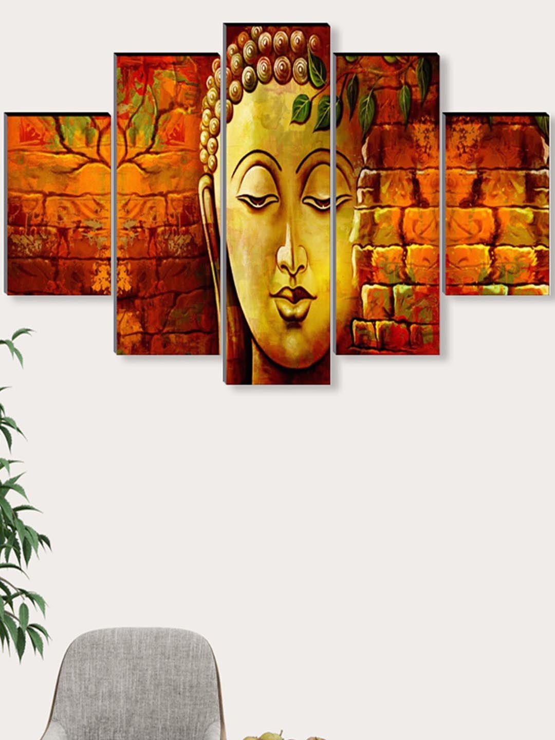 

SAF 5 Pcs Orange & Yellow Buddha UV Textured Religious Theme Painting Wall Art