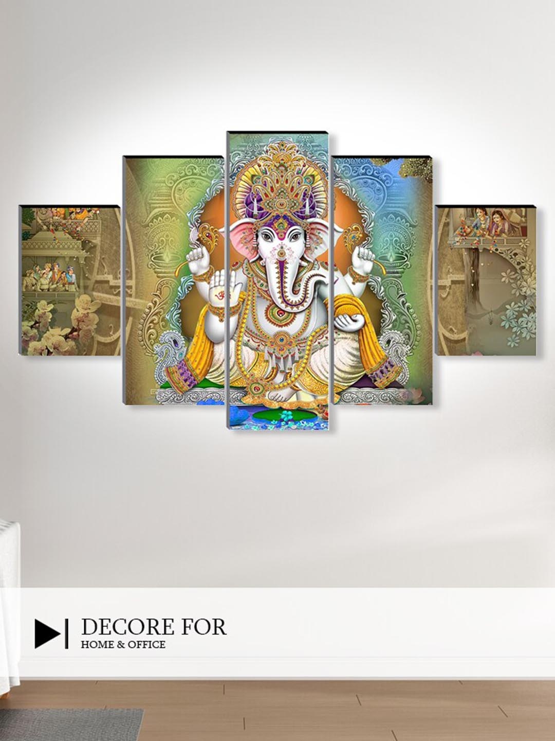 

SAF 5 Pcs Blue & Green Ganesha UV Textured Religious Theme Painting Wall Art