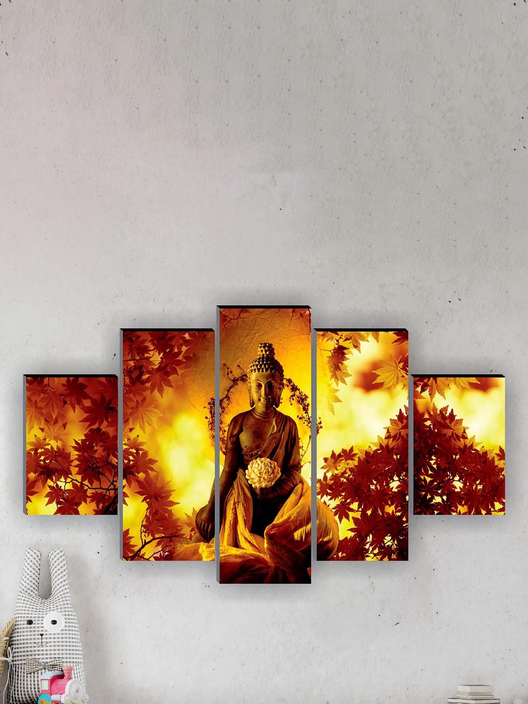 

SAF 5 Pcs Yellow & Brown Buddha UV Textured Religious Theme Painting Wall Art